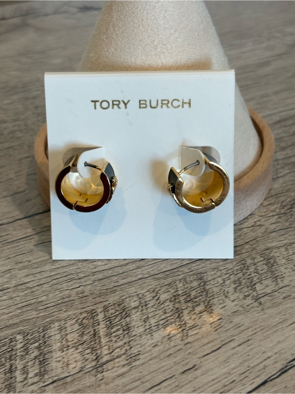 Tory Burch Polished Gold & Black Enamel Logo Huggies Hoop Earrings